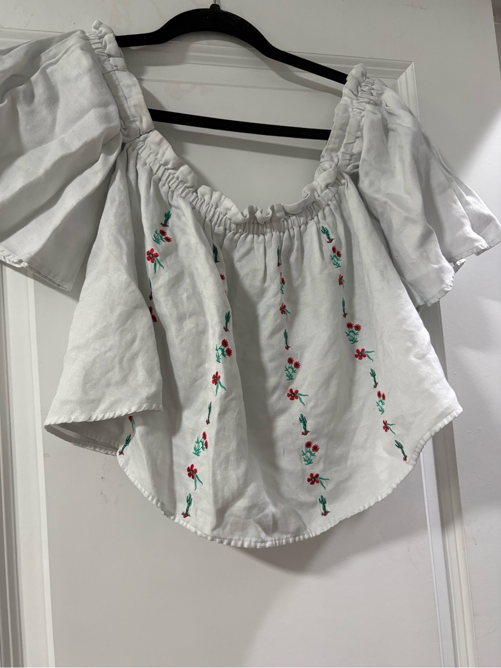Topshop White Off-Shoulder top Red Floral Embroidery
